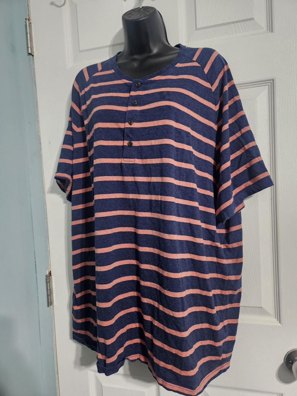 L.L. Bean Navy and Pink Striped Short Sleeve Henley